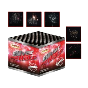 Die Silver Race liefert 25 klare, dynamische Schuss mit silbernen Effekten und sauberem Bild in rund 25 Metern Höhe. Mit 35 Sekunden Laufzeit und 20 mm Kaliber bringt sie eine gleichmäßige, elegante Performance für Kat. F2.
