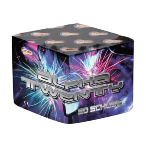 Die Alpha Twenty liefert 20 kraftvolle Schuss mit roten und grünen Chrysanthemen und markantem Schweifaufstieg.