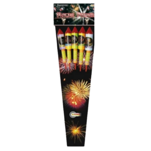 Flower Power ist ein fünfteiliges Raketensortiment mit klar ausgeprägten Goldchrysanthemen-Effekten.