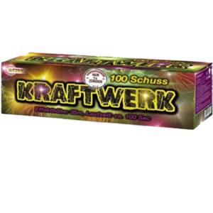 Das Kraftwerk verbindet vier fest gekoppelte Batterien zu einer langen, kraftvollen 100-Schuss-Show.