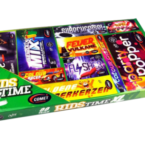 Kids Time XL ist ein großes Jugendfeuerwerk-Sortiment mit vielen unterschiedlichen Effekten für eine lange, abwechslungsreiche Abfolge.